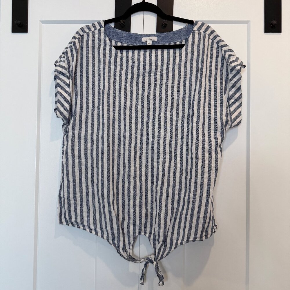 L.L.Bean Signature Women’s L 100% Linen Blue White Stripe Tie Front Summer Top